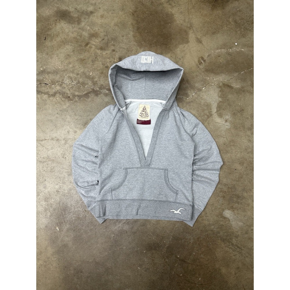 HOLLISTER Women Hoodie Grey Deep V-neck with Pocket Size M Vintage Y2K